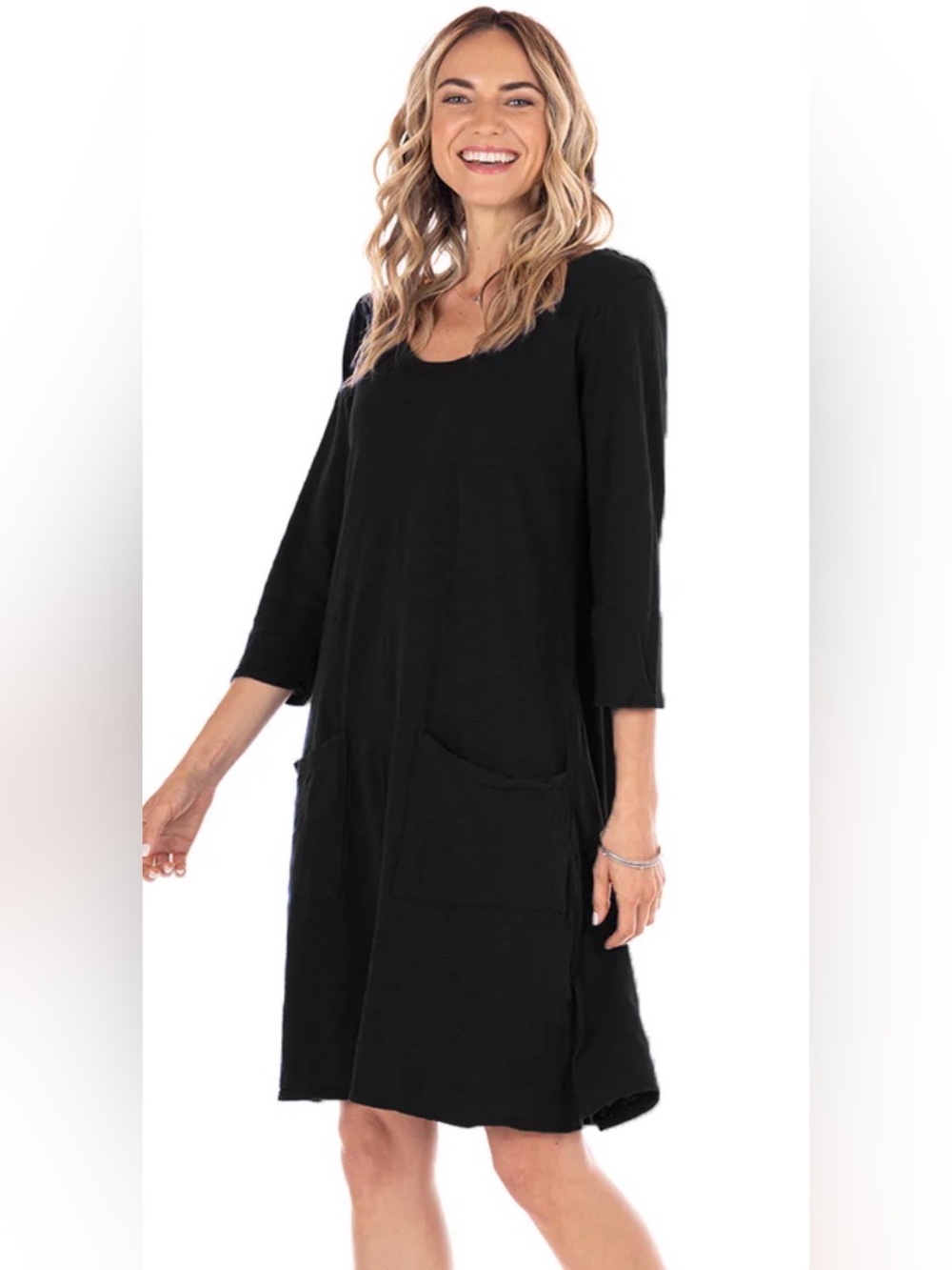 Cupio Black Scoop Neck 3/4 Sleeve Tunic flowy Knit Dresd SzS